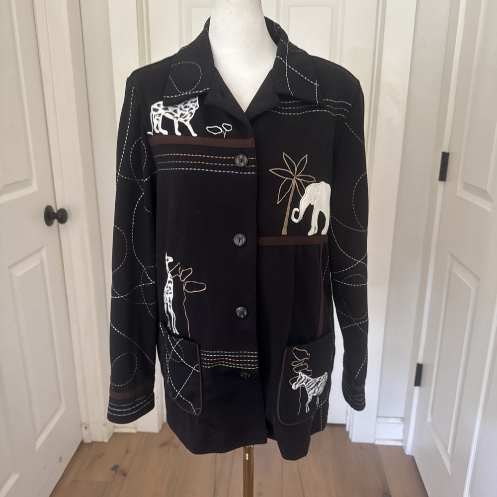 Allison Daley African Safari Jacket Blazer Womens Sz S Zebra Embroidered Animals